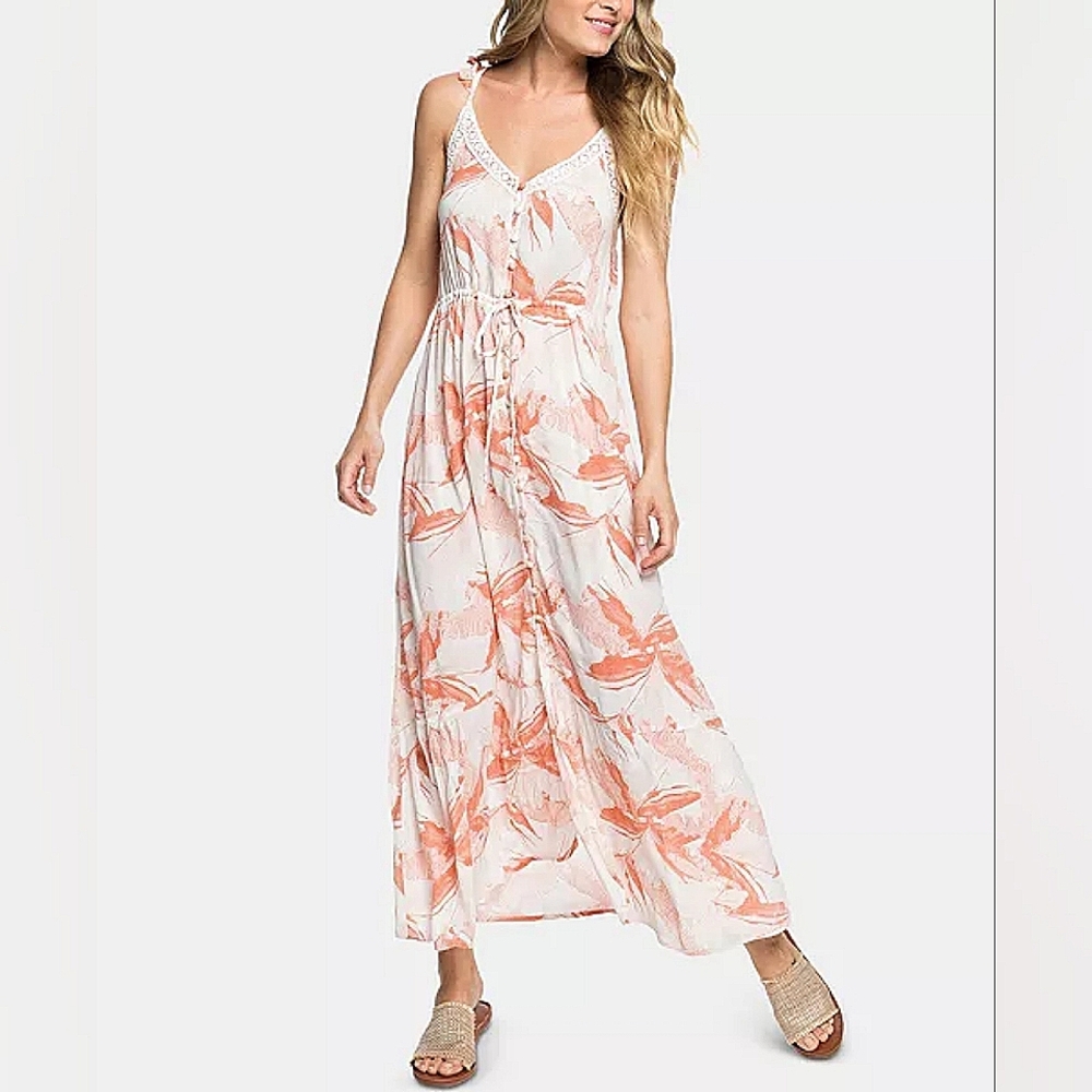 Roxy Floral Lace Trim Bohemian Coastal Maxi Dress Size Small
